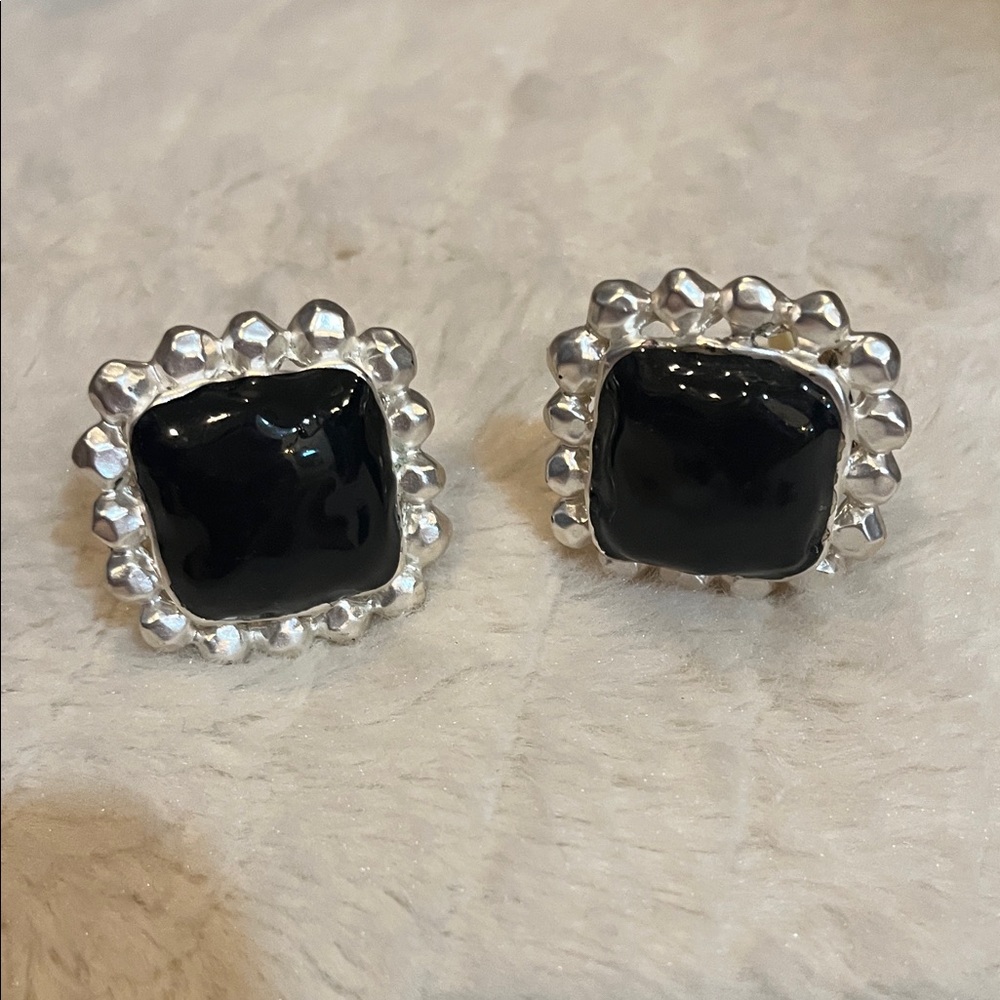 Chic Black and Silver Square Clip-On Earrings